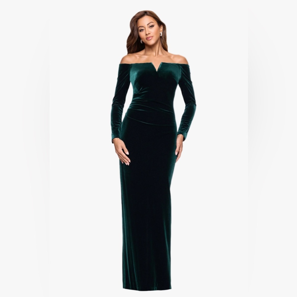 Xscape Off-Shoulder Velvet Dress in Deep Green